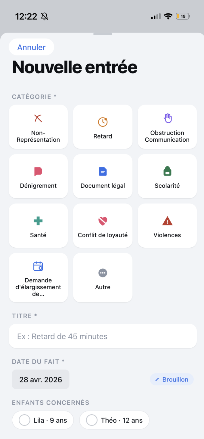 Application Saequi : choix d'une catégorie d'incident parmi les onze disponibles.