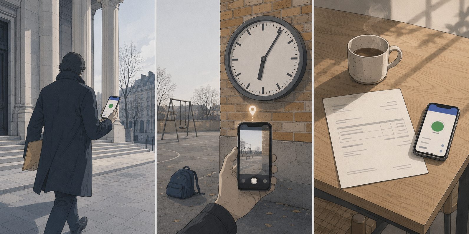 Triptyque Saequi : trois moments du premier soir où l'on installe l'application. À gauche, une silhouette de dos sortant d'un tribunal, iPhone à la main affichant le jugement importé. Au centre, une horloge marquant 18h05 au point de rendez-vous habituel, lieu désert, photo de la scène en cours de prise. À droite, une facture d'orthophoniste posée sur une table de cuisine à côté d'un iPhone qui ajoute la dépense dans Saequi.