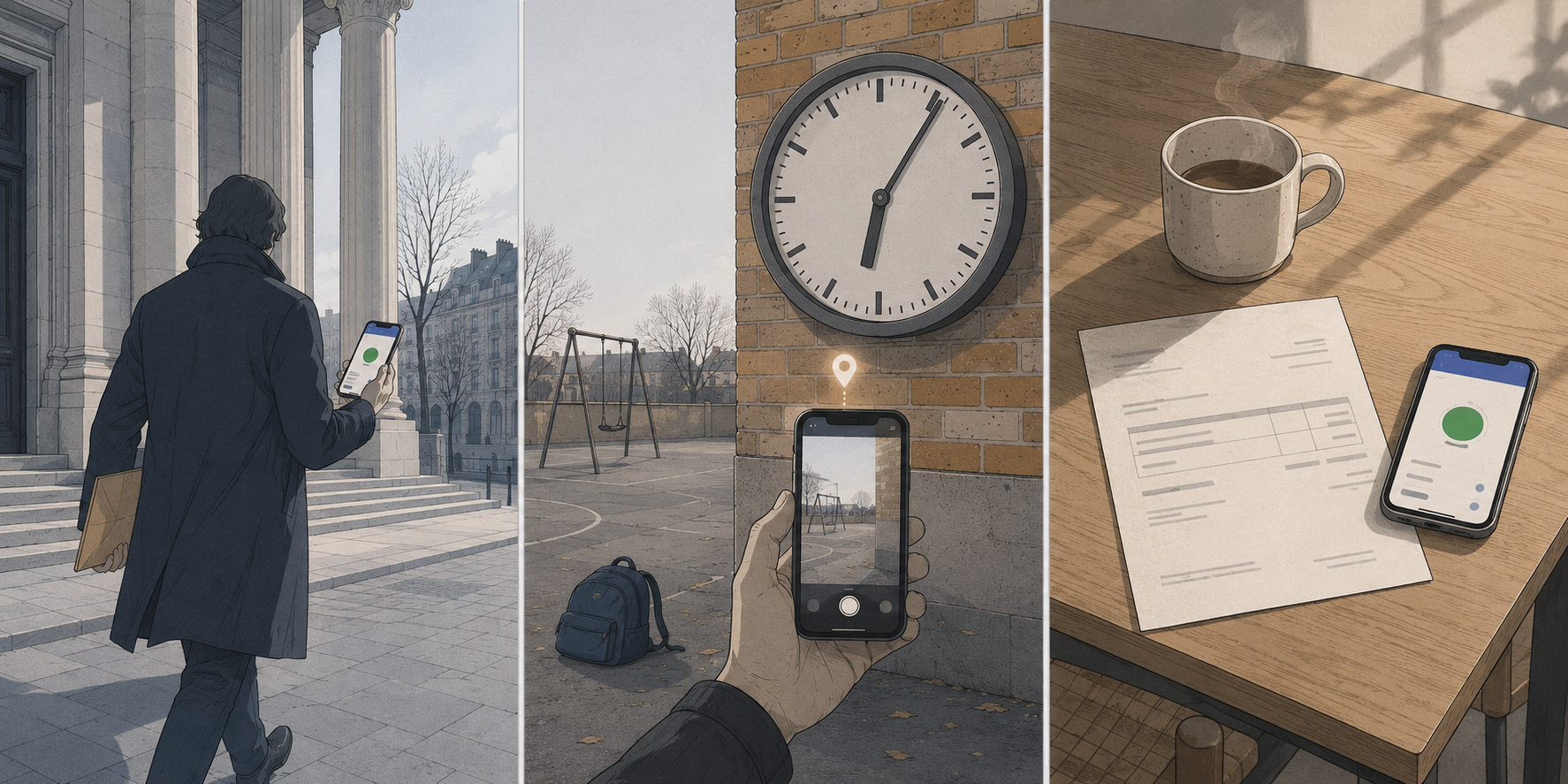 Triptyque Saequi : trois moments du premier soir où l'on installe l'application. À gauche, une silhouette de dos sortant d'un tribunal, iPhone à la main affichant le jugement importé. Au centre, une horloge marquant 18h05 au point de rendez-vous habituel, lieu désert, photo de la scène en cours de prise. À droite, une facture d'orthophoniste posée sur une table de cuisine à côté d'un iPhone qui ajoute la dépense dans Saequi.