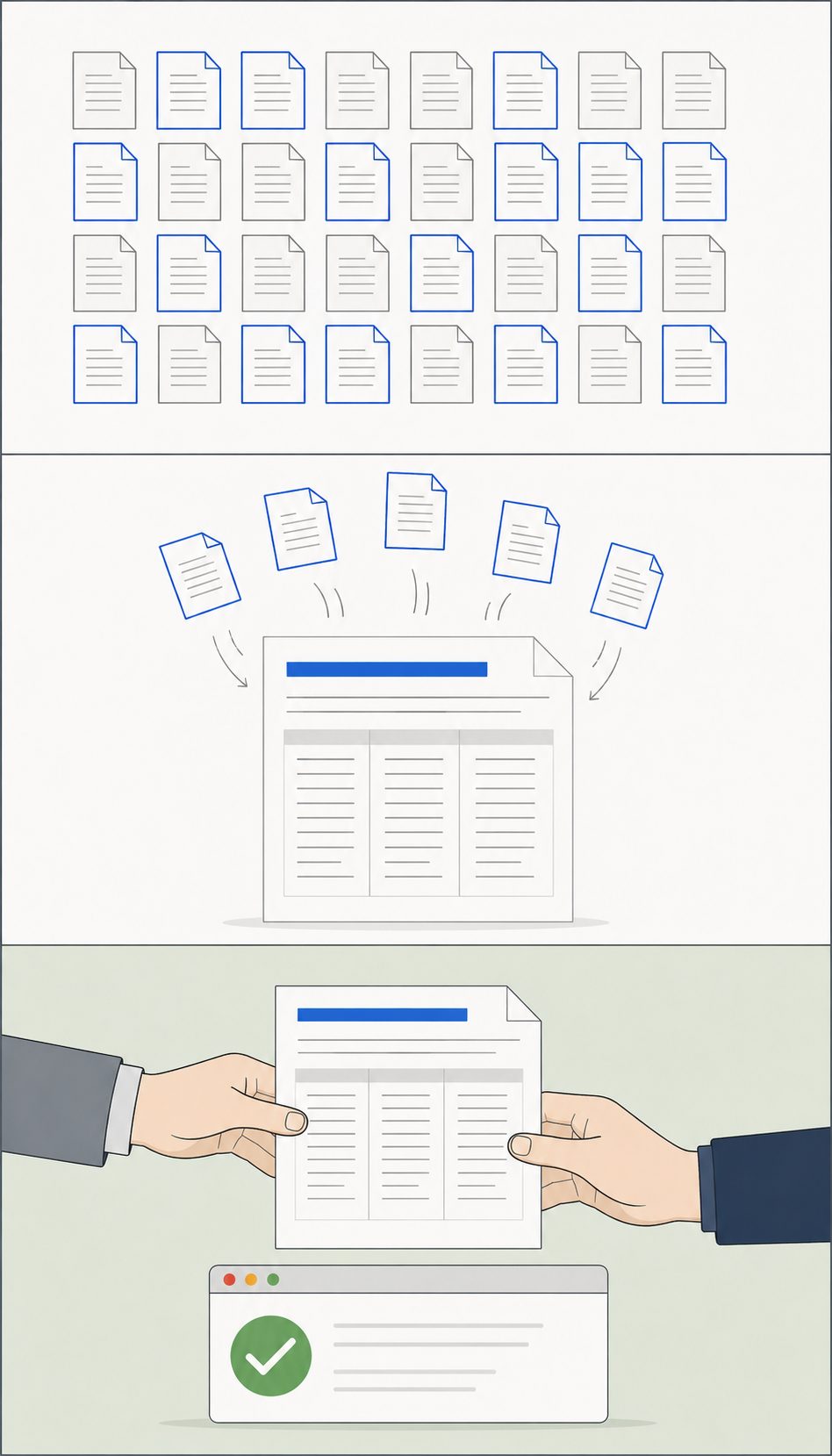 Trois plans empilés Saequi. En haut, une grille de 27 pièces (P, E, F) dont 14 sont entourées d'un trait bleu pour signifier la sélection demandée par votre conseil. Au milieu, ces pièces sélectionnées tombent dans un Bordereau de communication de pièces qui se construit sous nos yeux. En bas, deux mains se tendent pour échanger ce bordereau, et une fenêtre de navigateur saequi.com/verifier confirme « Intégrité vérifiée · local navigateur · aucune donnée envoyée ».