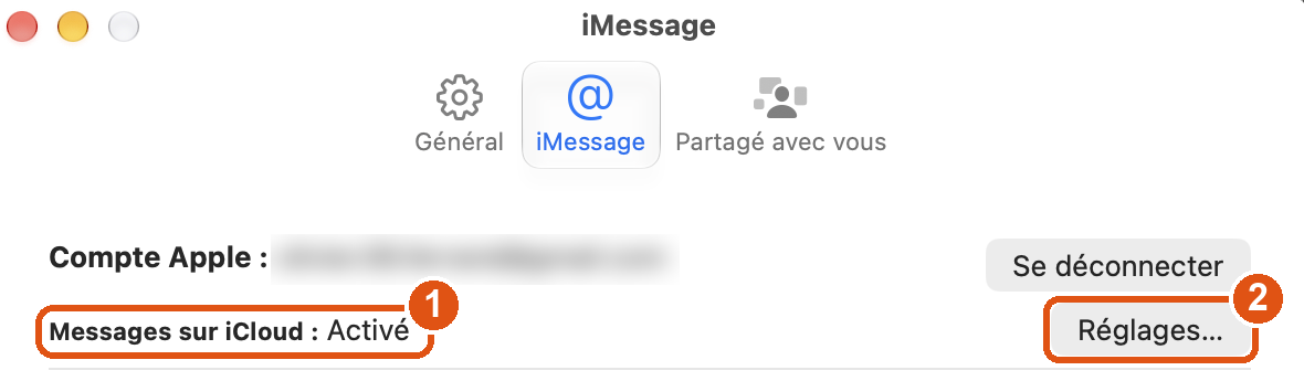 Réglages de l'app Messages, onglet iMessage : la ligne « Messages sur iCloud : Activé » est entourée (repère 1), ainsi que le bouton « Réglages… » (repère 2). L'adresse du compte est floutée.