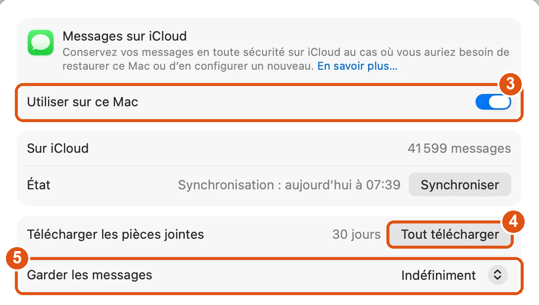 Fenêtre « Messages sur iCloud » : « Utiliser sur ce Mac » activé (repère 3), bouton « Tout télécharger » des pièces jointes (repère 4), « Garder les messages : Indéfiniment » (repère 5).