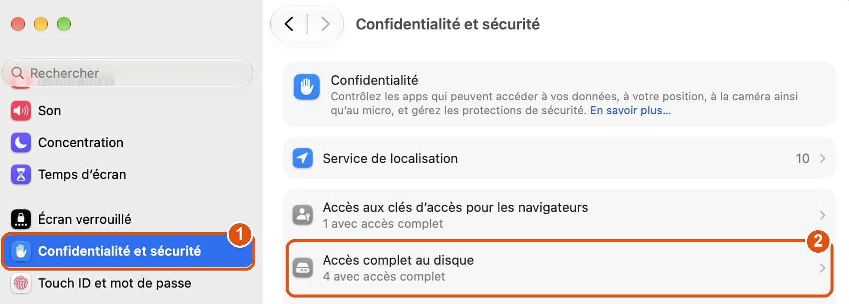 Réglages Système de macOS : dans la colonne de gauche, « Confidentialité et sécurité » est entouré (repère 1) ; à droite, la ligne « Accès complet au disque » est entourée (repère 2).